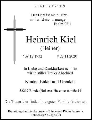 Traueranzeige von Heinrich Kiel von Neue Westfälische