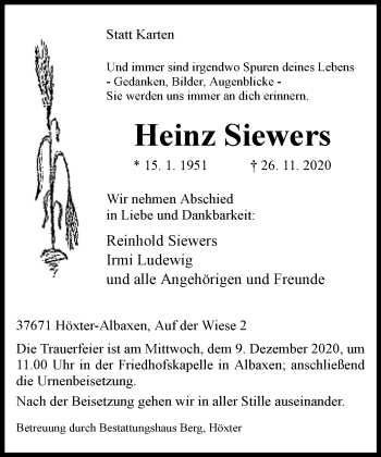 Traueranzeige von Heinz Siewers von Neue Westfälische