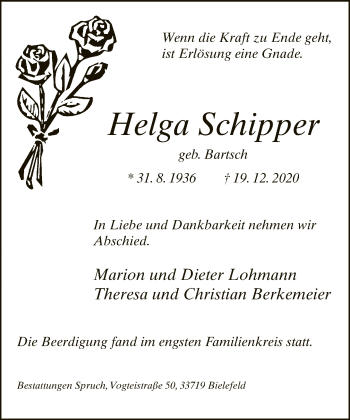 Traueranzeige von Helga Schipper von Neue Westfälische