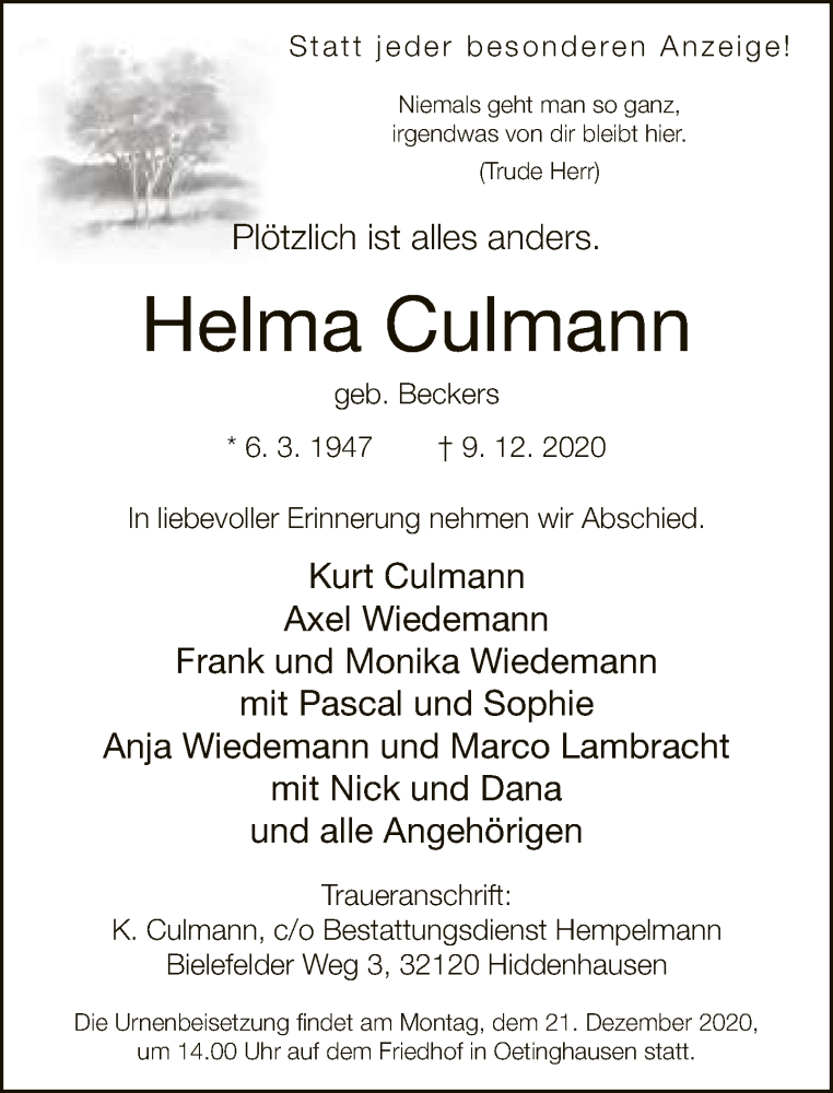  Traueranzeige für Helma Culmann vom 12.12.2020 aus Neue Westfälische