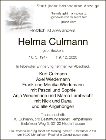 Traueranzeige von Helma Culmann von Neue Westfälische