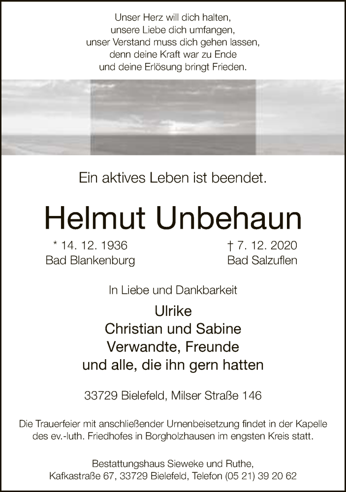  Traueranzeige für Helmut Unbehaun vom 12.12.2020 aus Neue Westfälische