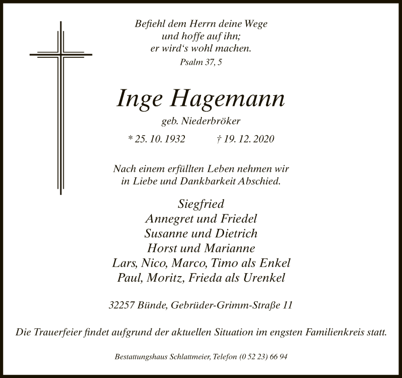  Traueranzeige für Inge Hagemann vom 22.12.2020 aus Neue Westfälische