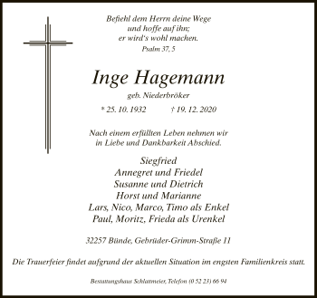 Traueranzeige von Inge Hagemann von Neue Westfälische