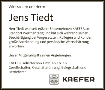 Traueranzeige von Jens Tiedt von Neue Westfälische