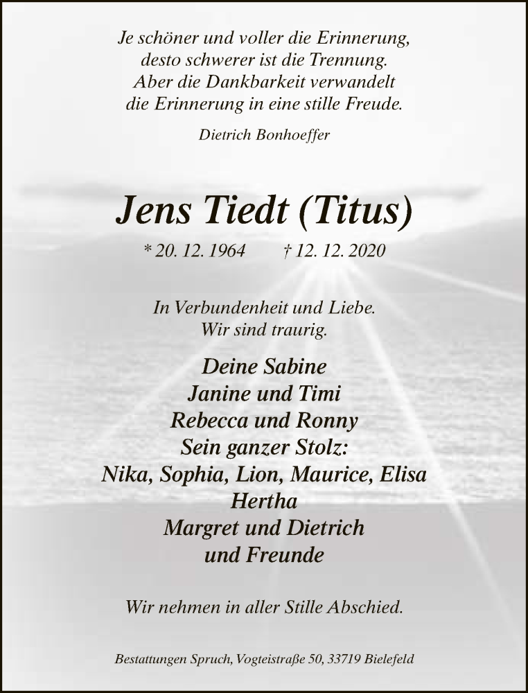  Traueranzeige für Jens Tiedt vom 15.12.2020 aus Neue Westfälische