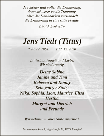 Traueranzeige von Jens Tiedt von Neue Westfälische