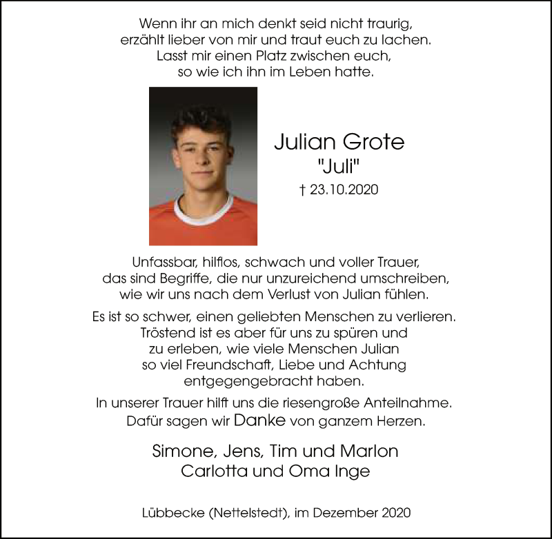  Traueranzeige für Julian Grote vom 19.12.2020 aus Neue Westfälische