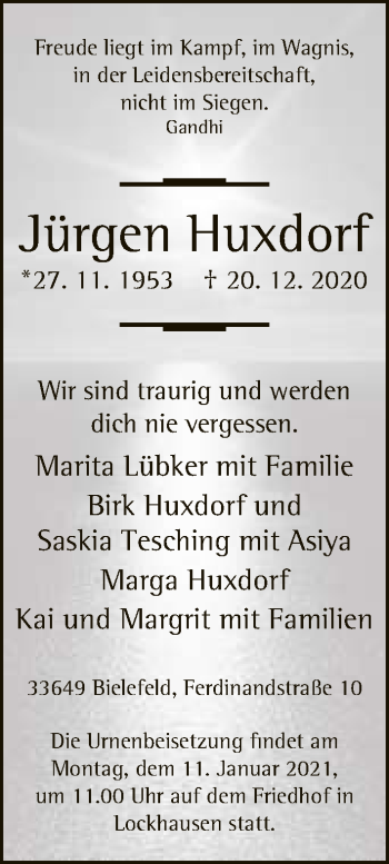 Traueranzeige von Jürgen Huxdorf von Neue Westfälische