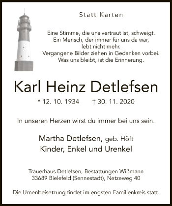 Traueranzeige von Karl Heinz Detlefsen von Neue Westfälische