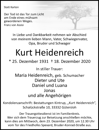 Traueranzeige von Kurt Heidenreich von Neue Westfälische