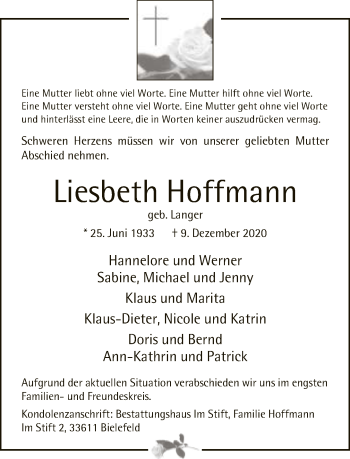 Traueranzeige von Liesbeth Hoffmann von Neue Westfälische