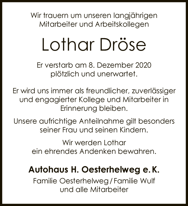  Traueranzeige für Lothar Dröse vom 18.12.2020 aus Neue Westfälische