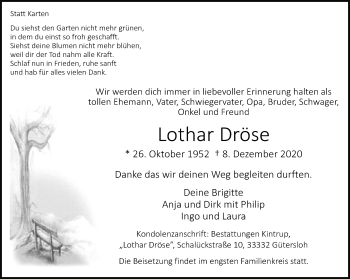 Traueranzeige von Lothar Dröse von Neue Westfälische