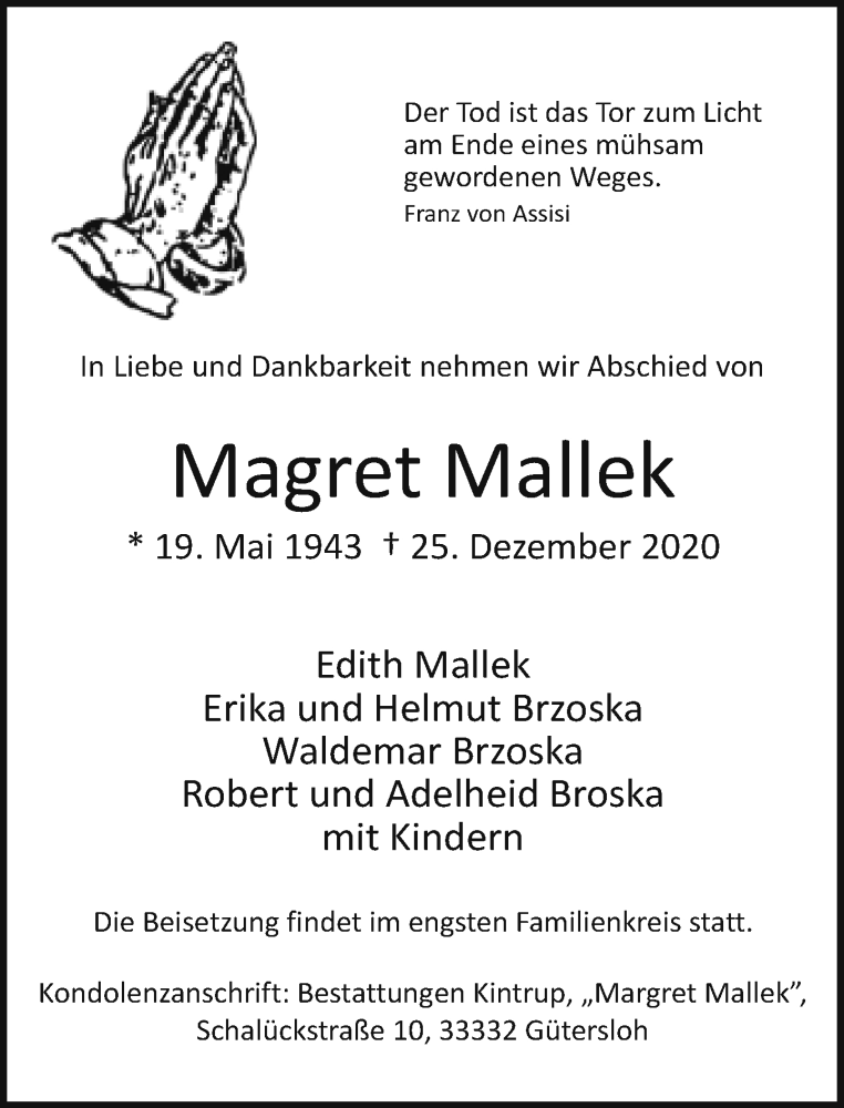  Traueranzeige für Magret Mallek vom 29.12.2020 aus Neue Westfälische