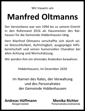 Traueranzeige von Manfred Oltmanns von Neue Westfälische