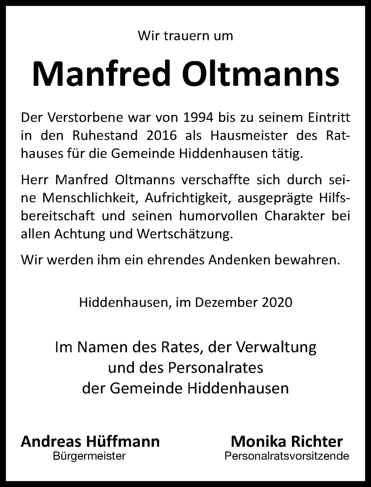  Traueranzeige für Manfred Oltmanns vom 30.12.2020 aus Neue Westfälische