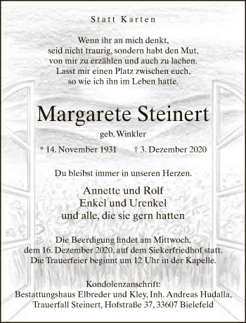 Traueranzeige von Margarete Steinert von Neue Westfälische