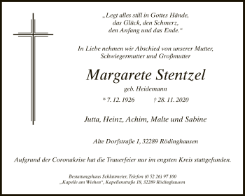 Traueranzeige von Margarete Stentzel von Neue Westfälische
