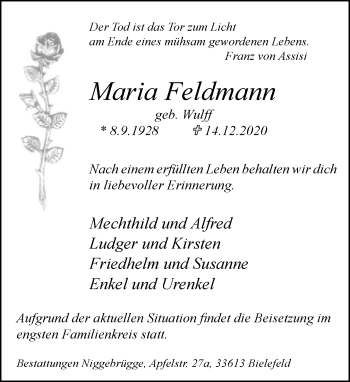 Traueranzeige von Maria Feldmann von Neue Westfälische