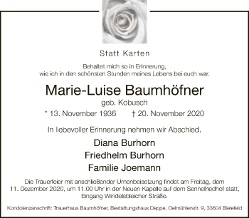 Traueranzeige von Marie-Luise Baumhöfner von Neue Westfälische