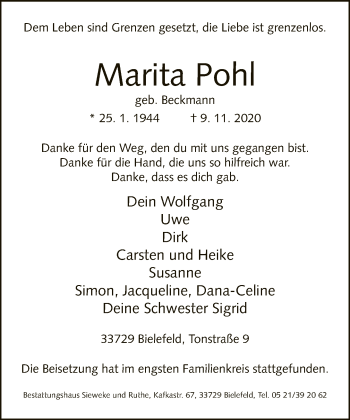 Traueranzeige von Marita Pohl von Neue Westfälische