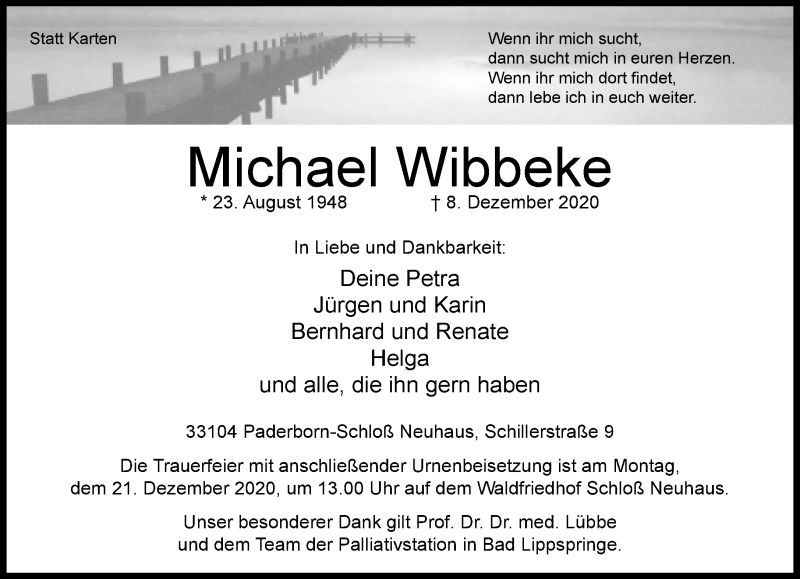  Traueranzeige für Michael Wibbeke vom 19.12.2020 aus Neue Westfälische
