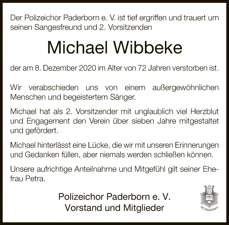  Traueranzeige für Michael Wibbeke vom 19.12.2020 aus Neue Westfälische