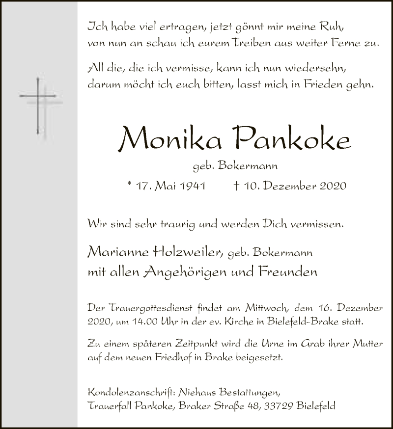  Traueranzeige für Monika Pankoke vom 12.12.2020 aus Neue Westfälische