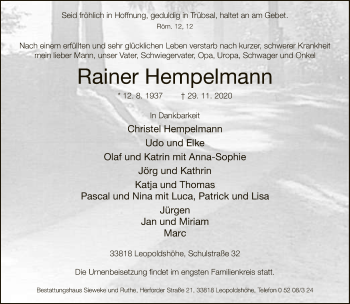 Traueranzeige von Rainer Hempelmann von Neue Westfälische