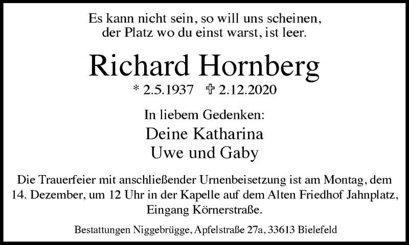  Traueranzeige für Richard Hornberg vom 05.12.2020 aus Neue Westfälische