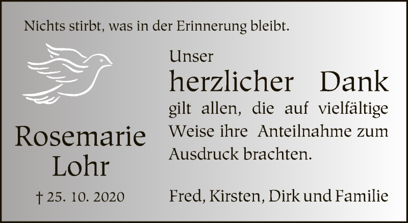  Traueranzeige für Rosemarie Lohr vom 05.12.2020 aus Neue Westfälische