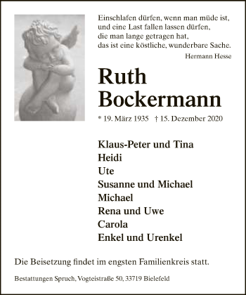 Traueranzeige von Ruth Bockermann von Neue Westfälische