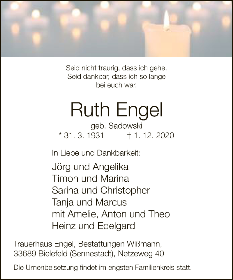  Traueranzeige für Ruth Engel vom 05.12.2020 aus Neue Westfälische