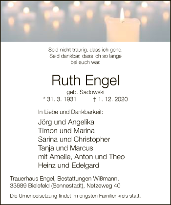 Traueranzeige von Ruth Engel von Neue Westfälische