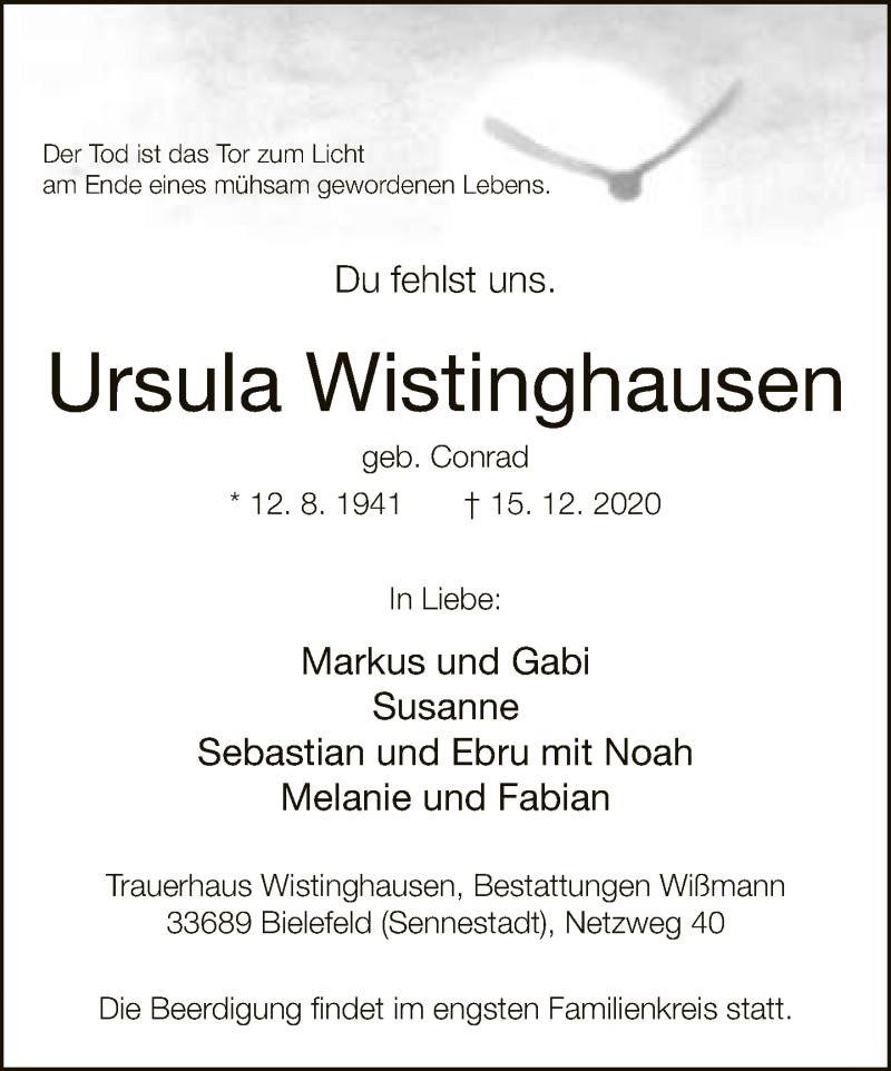  Traueranzeige für Ursula Wistinghausen vom 19.12.2020 aus Neue Westfälische