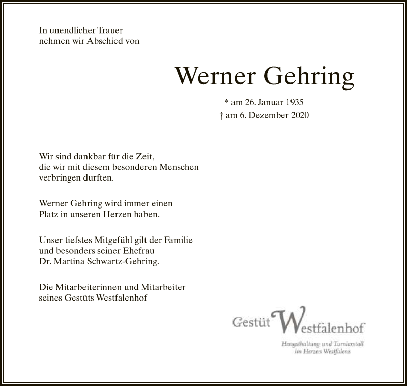  Traueranzeige für Werner Gehring vom 11.12.2020 aus Neue Westfälische