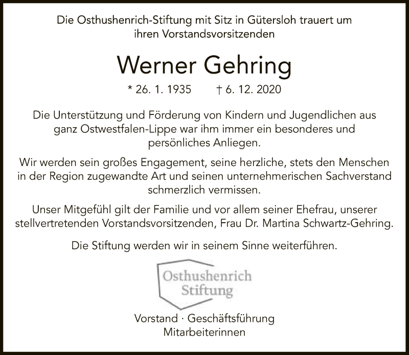  Traueranzeige für Werner Gehring vom 11.12.2020 aus Neue Westfälische