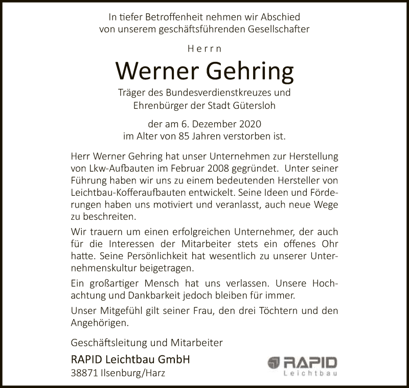  Traueranzeige für Werner Gehring vom 11.12.2020 aus Neue Westfälische