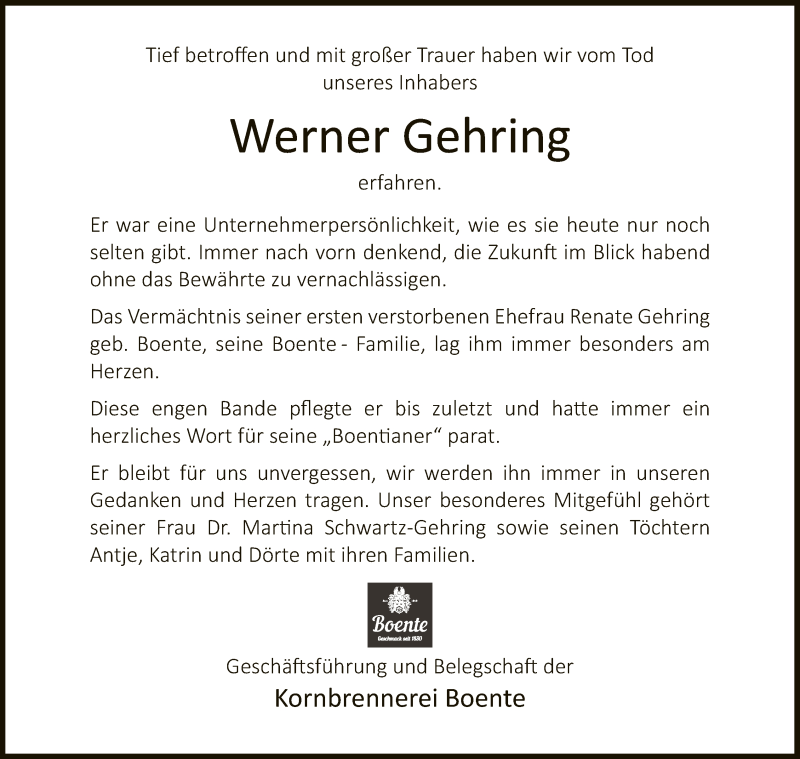  Traueranzeige für Werner Gehring vom 11.12.2020 aus Neue Westfälische