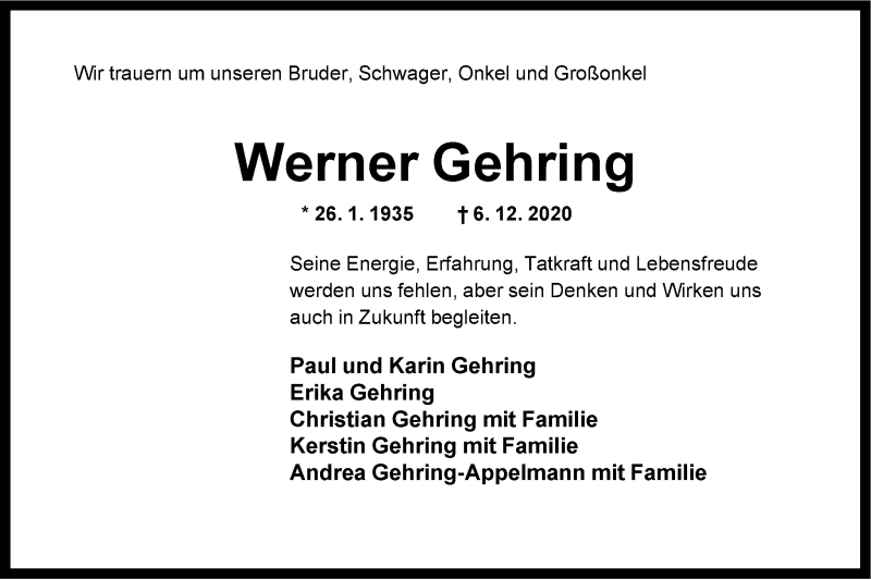  Traueranzeige für Werner Gehring vom 15.12.2020 aus Neue Westfälische