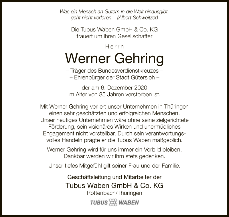  Traueranzeige für Werner Gehring vom 11.12.2020 aus Neue Westfälische
