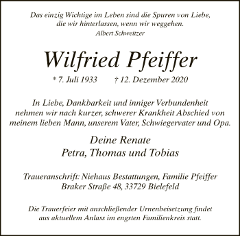 Traueranzeige von Wilfried Pfeiffer von Neue Westfälische