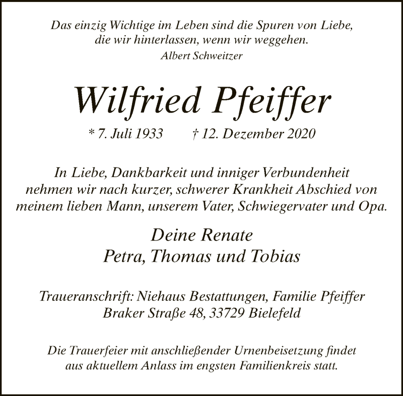  Traueranzeige für Wilfried Pfeiffer vom 19.12.2020 aus Neue Westfälische