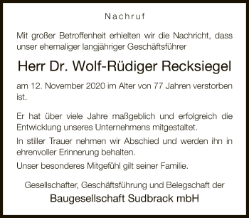 Traueranzeige von Wolf-Rüdiger Recksiegel von Neue Westfälische