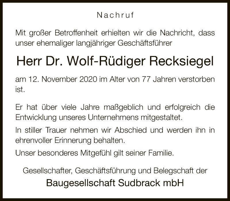 Traueranzeige für Wolf-Rüdiger Recksiegel vom 05.12.2020 aus Neue Westfälische