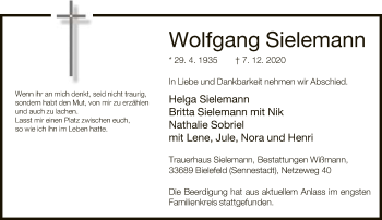 Traueranzeige von Wolfgang Sielemann von Neue Westfälische