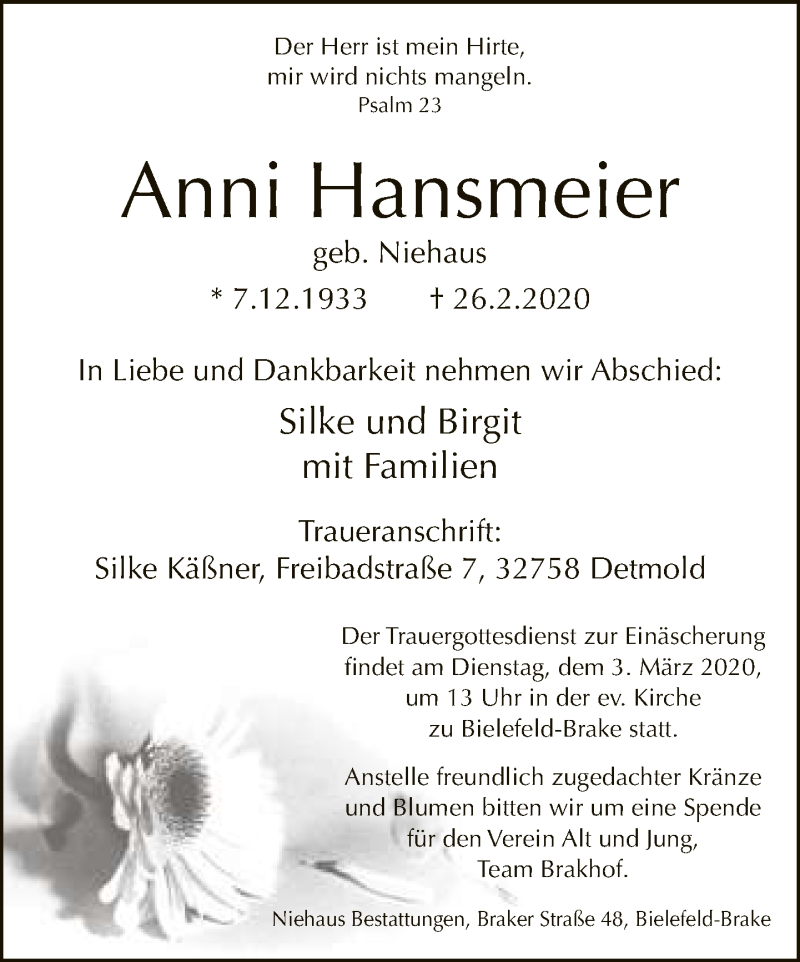 Traueranzeige für Anni Hansmeier vom 29.02.2020 aus Neue Westfälische