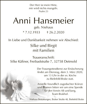 Traueranzeige von Anni Hansmeier von Neue Westfälische