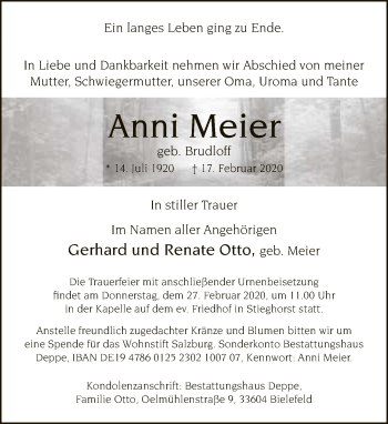 Traueranzeige von Anni Meier von Neue Westfälische